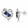 Thumbnail Image 1 of Lab-Created Heart-Shaped Blue Sapphire and Diamond Accent Double Heart Earrings in Sterling Silver