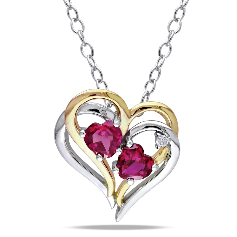 Heart-Shaped Lab-Created Ruby and Diamond Accent Double Heart Pendant in Two-Tone Sterling Silver|Peoples Jewellers