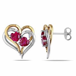 Heart-Shaped Lab-Created Ruby and 0.04 CT. T.W. Diamond Double Heart Earrings in Two-Tone Sterling Silver