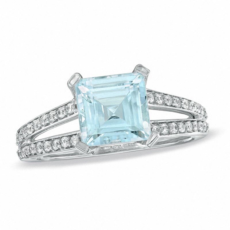 Princess-Cut Aquamarine and 0.25 CT. T.W. Diamond Ring in 10K White Gold