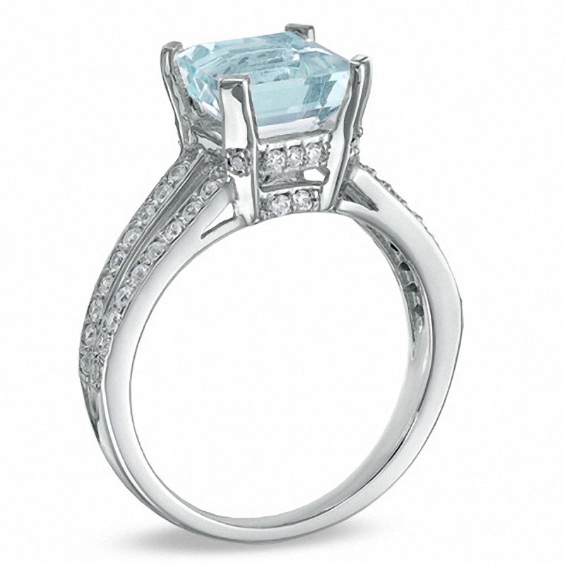 Princess-Cut Aquamarine and 0.25 CT. T.W. Diamond Ring in 10K White Gold