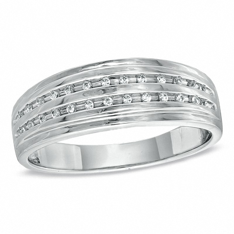 Main Image 1 of Men's 0.10 CT. T.W. Diamond Double Row Wedding Band in Sterling Silver