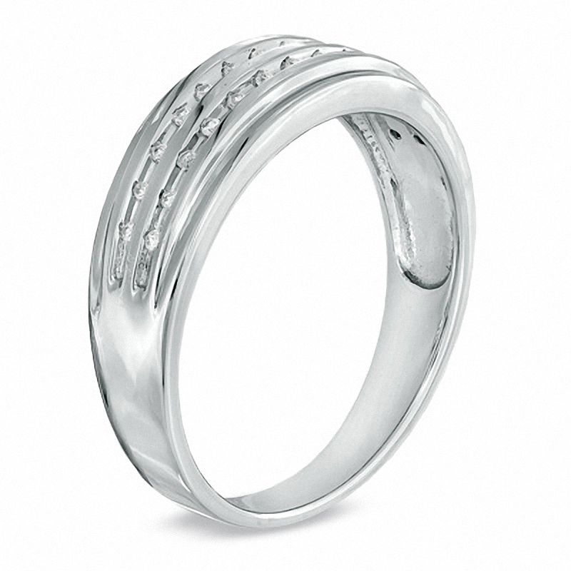 Main Image 2 of Men's 0.10 CT. T.W. Diamond Double Row Wedding Band in Sterling Silver