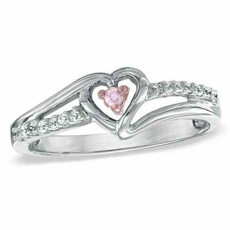 Pink Lab-Created Sapphire and 0.07 CT. T.W. Diamond Heart Split Shank Promise Ring in Sterling Silver