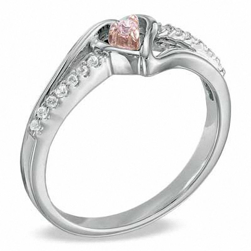 Main Image 2 of Pink Lab-Created Sapphire and 0.07 CT. T.W. Diamond Heart Split Shank Promise Ring in Sterling Silver