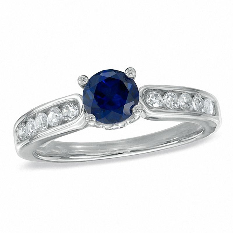 Lab-Created Blue Sapphire and 0.41 CT. T.W. Diamond Engagement Ring in 10K White Gold|Peoples Jewellers