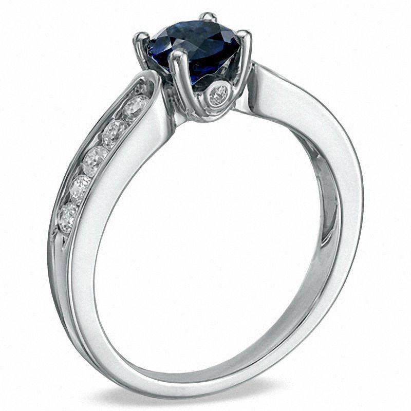 Main Image 2 of Lab-Created Blue Sapphire and 0.41 CT. T.W. Diamond Engagement Ring in 10K White Gold