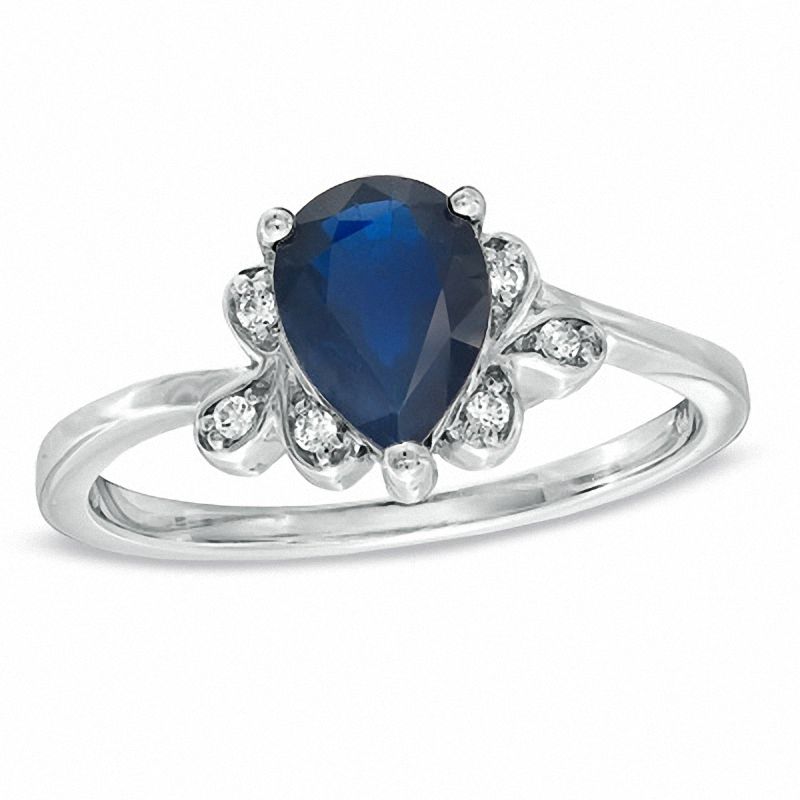 Pear-Shaped Blue Sapphire and Diamond Accent Ring in 10K White Gold