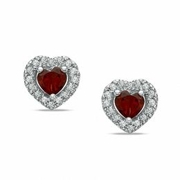 Heart-Shaped Garnet and 0.15 CT. T.W. Diamond Frame Stud Earrings in Sterling Silver