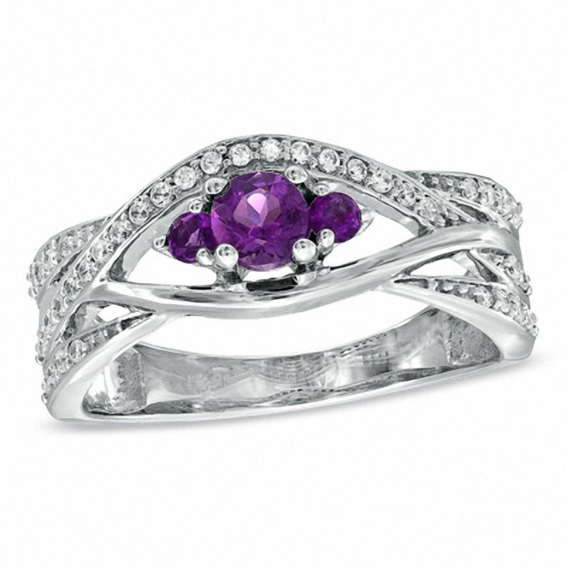 Amethyst and 0.19 CT. T.W. Diamond Split Shank Wave Ring in Sterling Silver