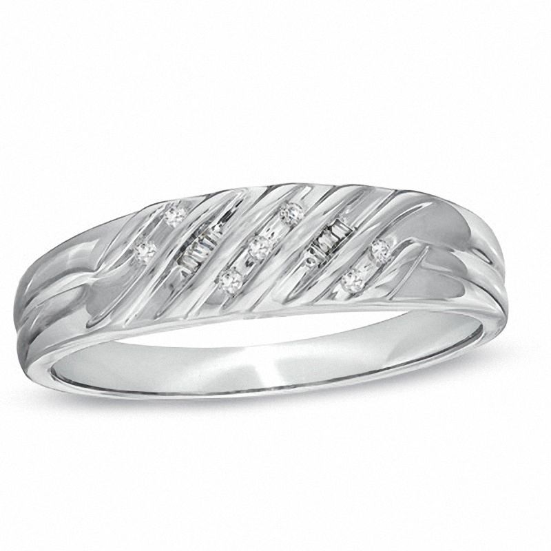 Men's 0.10 CT. T.W. Diamond Multi-Groove Wedding Band in 10K White Gold|Peoples Jewellers