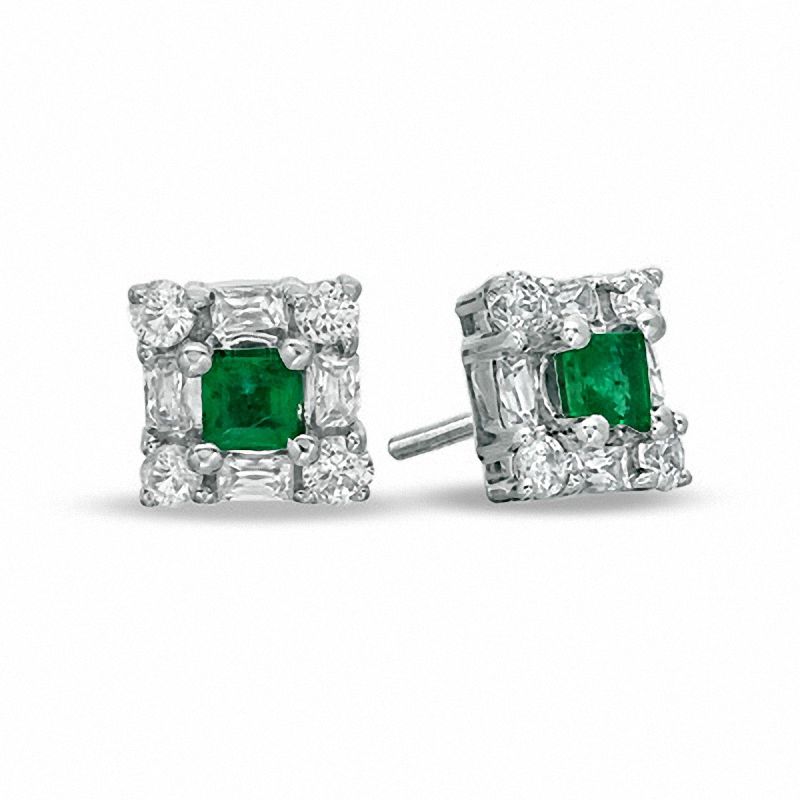 Princess-Cut Emerald and 0.60 CT. T.W. Diamond Stud Earrings in 14K White Gold