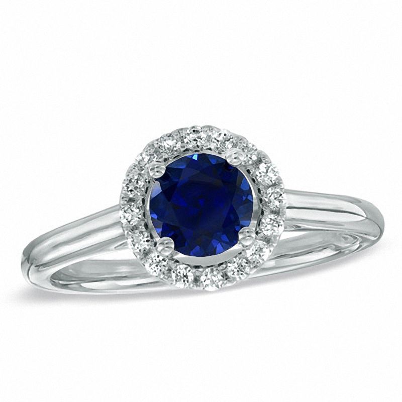 Lab-Created Blue Sapphire and 0.15 CT. T.W. Diamond Engagement Ring in 10K White Gold|Peoples Jewellers