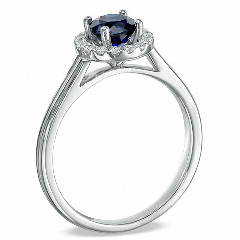 Main Image 2 of Lab-Created Blue Sapphire and 0.15 CT. T.W. Diamond Engagement Ring in 10K White Gold