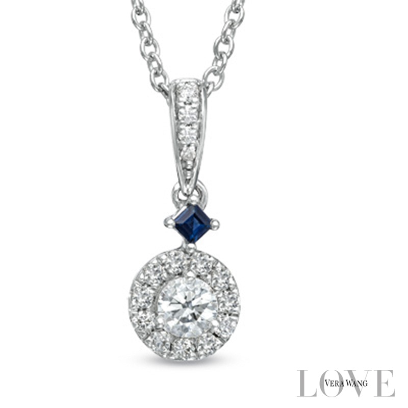 Vera Wang Love Collection 0.38 CT. T.W. Diamond and Princess-Cut Blue Sapphire Pendant in 14K White Gold