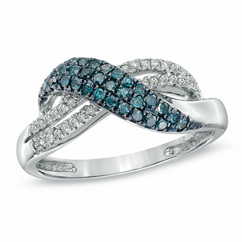 0.34 CT. T.W. Enhanced Blue and White Diamond Infinity Ring in 10K White Gold