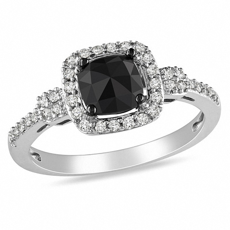 1.00 CT. T.W. Enhanced Black and White Cushion-Cut Diamond Buckle Ring in 14K White Gold