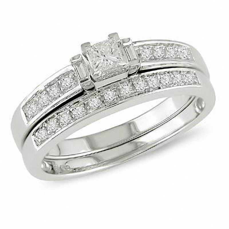 0.31 CT. T.W. Princess-Cut Diamond Three Stone Bridal Set in 10K White Gold