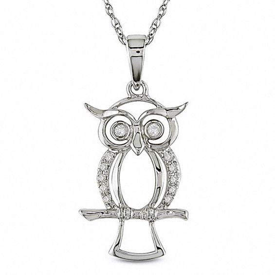 White Gold Finish Owl Necklace with Diamond Accents 