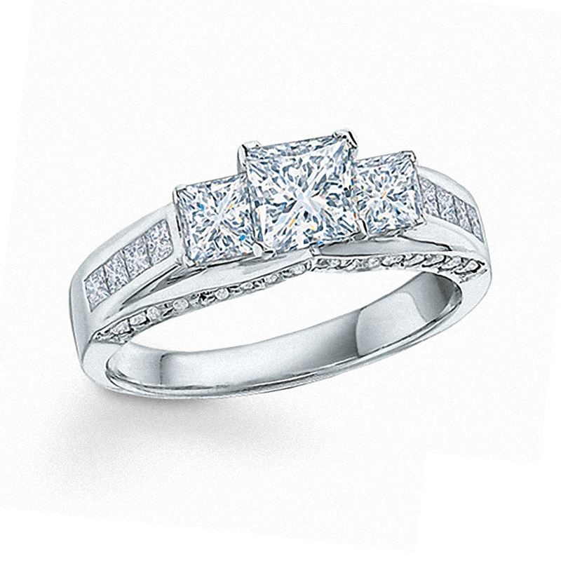 Main Image 1 of 1.50 CT. T.W. Certified Canadian Princess-Cut Diamond Three Stone Ring in 14K White Gold (I/I1)