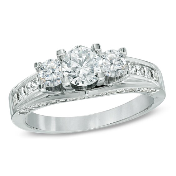 1.50 CT. T.W. Canadian Certified Diamond Three Stone Engagement Ring in 14K White Gold (I/I1)