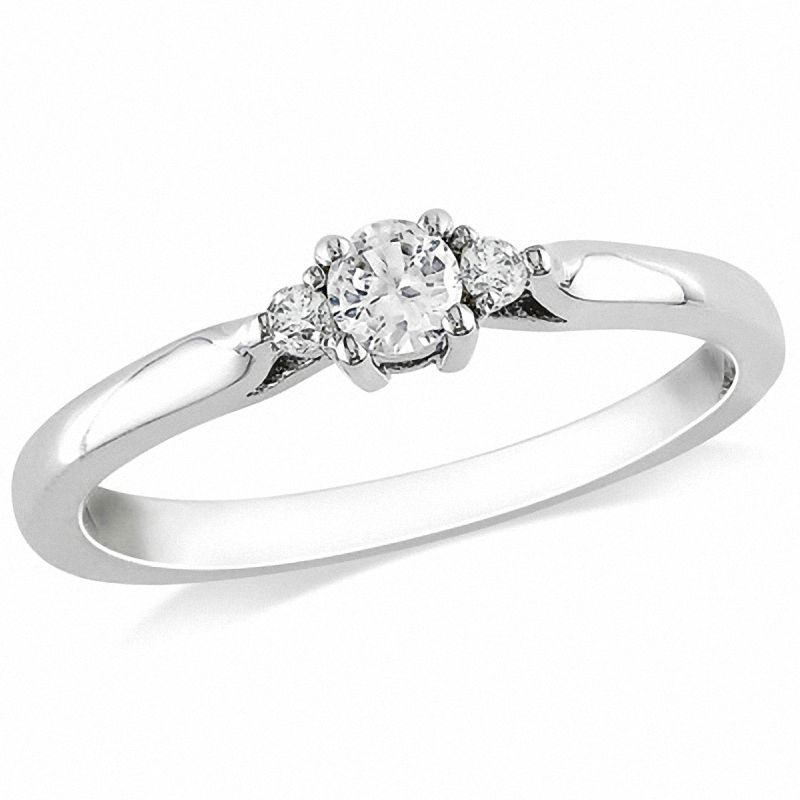 White Lab-Created Sapphire and 0.04 CT. T.W. Diamond Three Stone Promise Ring in Sterling Silver