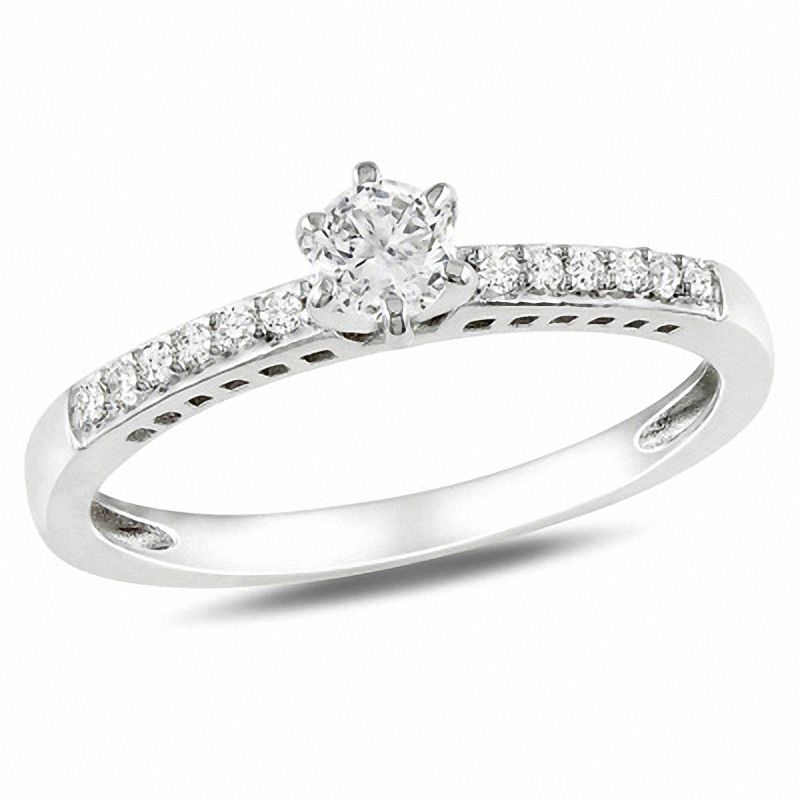 Lab-Created White Sapphire Solitaire and Diamond Accent Promise Ring in Sterling Silver