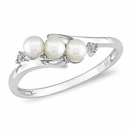 3.0-3.5mm Freshwater Cultured Pearl and Diamond Accent Three Stone Slant Ring in 10K White Gold