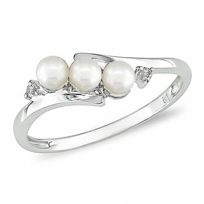 3.0-3.5mm Freshwater Cultured Pearl and Diamond Accent Three Stone Slant Ring in 10K White Gold