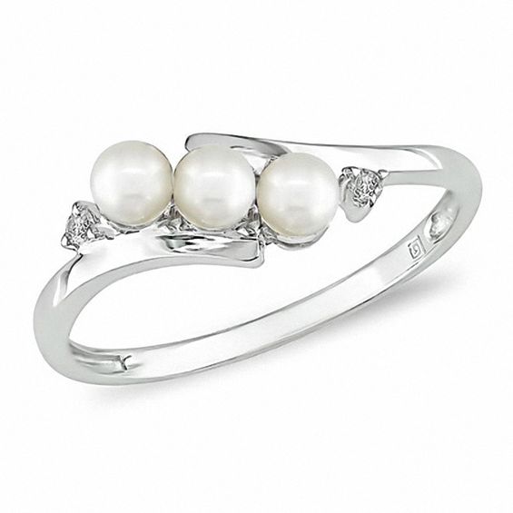 3.0-3.5mm Freshwater Cultured Pearl and Diamond Accent Three Stone Slant Ring in 10K White Gold