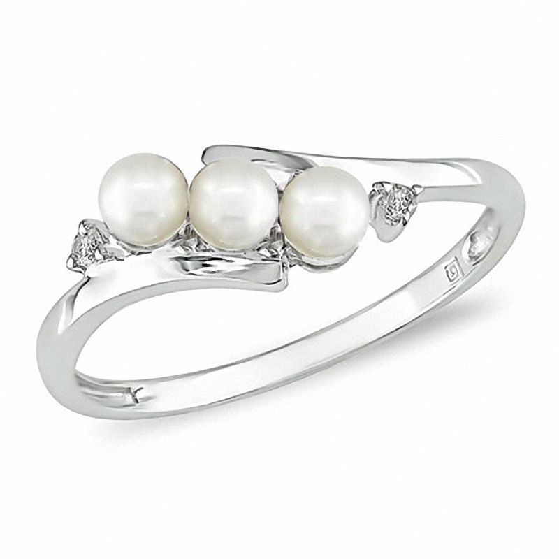 3.0 - 3.5mm Cultured Freshwater Pearl and Diamond Accent Three Stone Slant Ring in 10K White Gold
