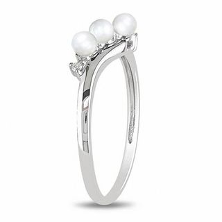 3.0-3.5mm Freshwater Cultured Pearl and Diamond Accent Three Stone Slant Ring in 10K White Gold