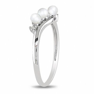 3.0-3.5mm Freshwater Cultured Pearl and Diamond Accent Three Stone Slant Ring in 10K White Gold