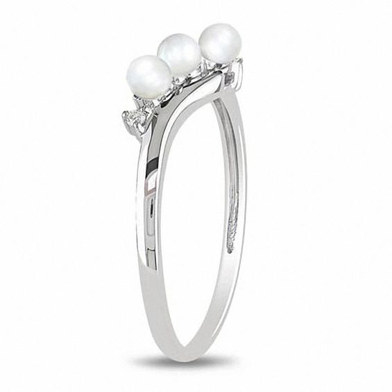 3.0-3.5mm Freshwater Cultured Pearl and Diamond Accent Three Stone Slant Ring in 10K White Gold