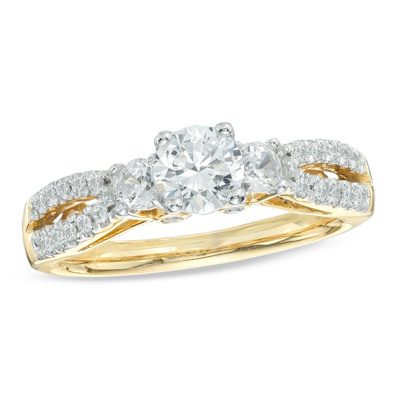 Main Image 1 of 0.65 CT. T.W. Diamond Three Stone Split Shank Engagement Ring in 14K Gold