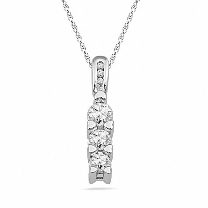 1.00 CT. T.W. Diamond Three Stone Linear Pendant with Heart Accents in 10K White Gold|Peoples Jewellers