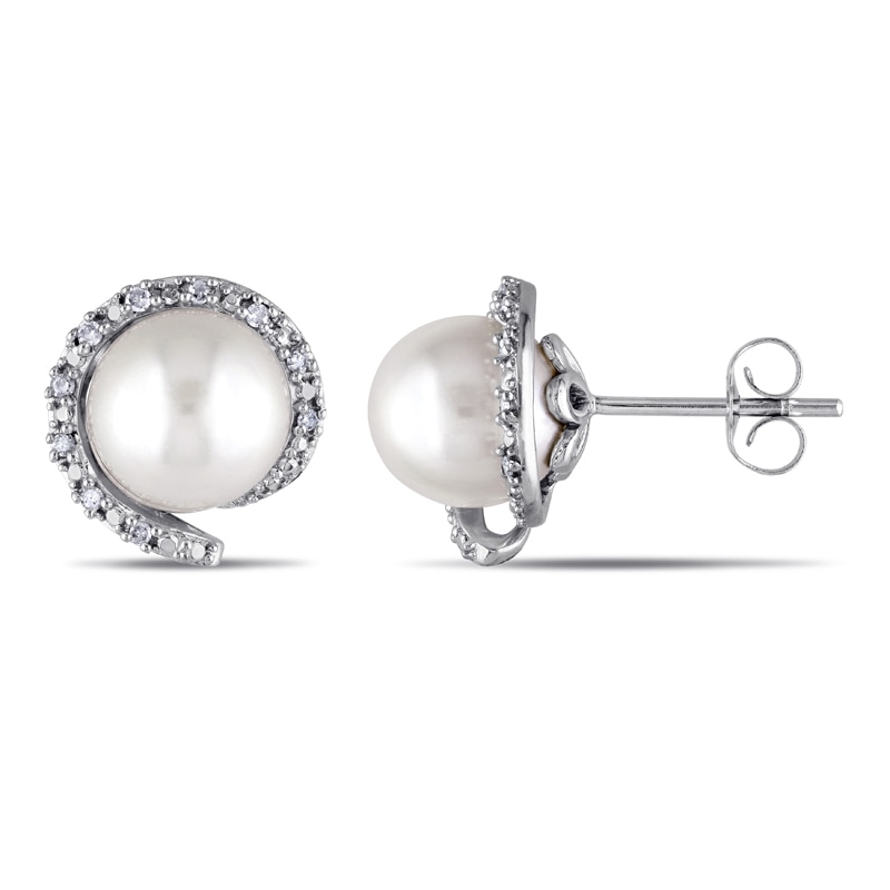 8.0 - 8.5mm Cultured Freshwater Pearl and 0.09 CT. T.W. Diamond Frame Stud Earrings in 10K White Gold