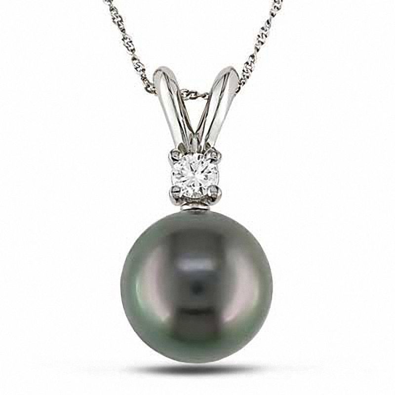 8.0 - 9.0mm Black Cultured Tahitian Pearl and 0.05 CT. T.W. Diamond Pendant in 14K White Gold - 17"|Peoples Jewellers