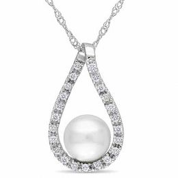 6.0-7.0mm Freshwater Cultured Pearl and 0.115 CT. T.W. Diamond Loop Pendant in 14K White Gold-17"