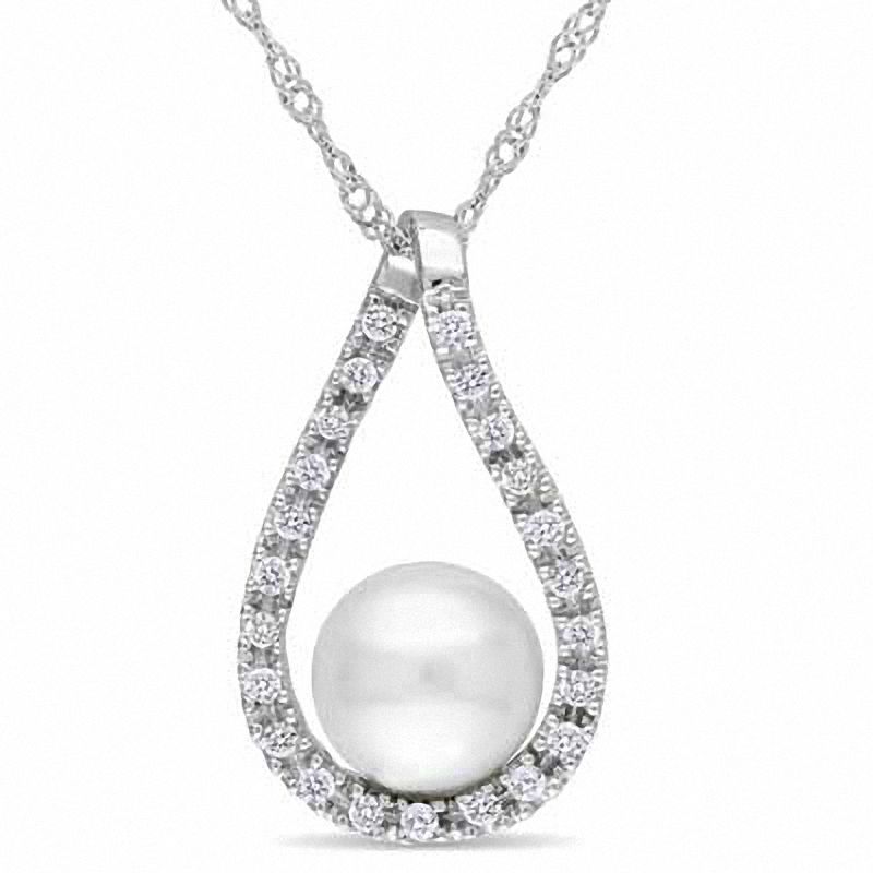 6.0 - 7.0mm Cultured Freshwater Pearl and 0.115 CT. T.W. Diamond Loop Pendant in 14K White Gold - 17"