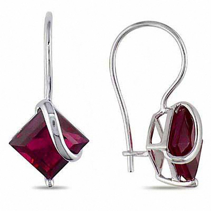 7.0mm Princess-Cut Lab-Created Ruby Swirl Drop Earrings in 10K White Gold