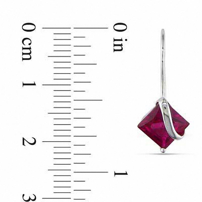 Main Image 2 of 7.0mm Princess-Cut Lab-Created Ruby Swirl Drop Earrings in 10K White Gold