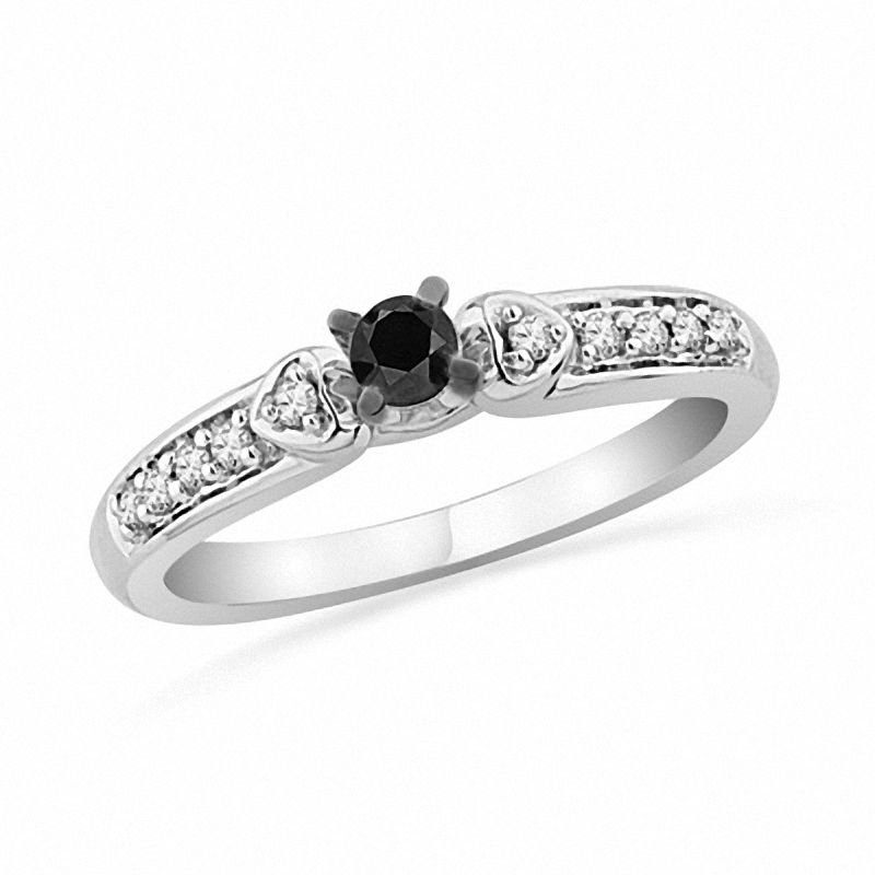 0.20 CT. T.W. Enhanced Black and White Diamond with Side Hearts Promise Ring in 10K White Gold