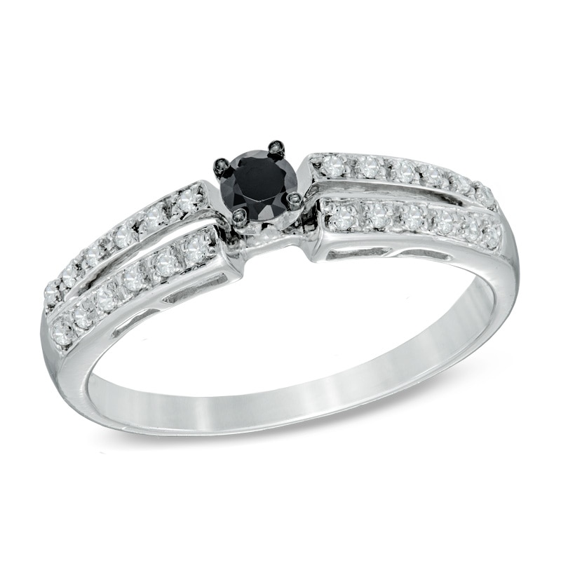 0.25 CT. T.W. Enhanced Black and White Diamond Split Shank Promise Ring in 10K White Gold|Peoples Jewellers