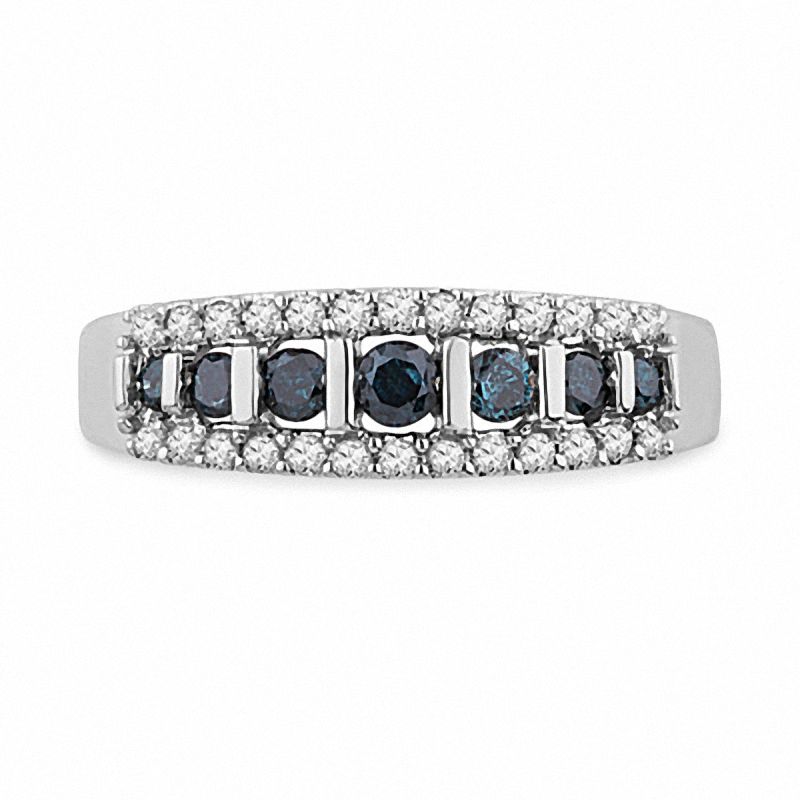 Main Image 2 of 0.50 CT. T.W. Blue and White Diamond Stripe Band in 10K White Gold