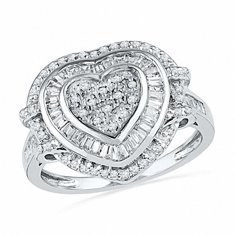 0.62 CT. T.W. Diamond Multi-Row Heart Ring in 10K White Gold | Peoples ...