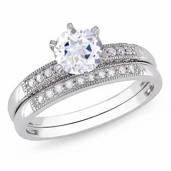 6.5mm LabCreated White Sapphire and 0.34 CT. T.W. Diamond Bridal Set in 10K White Gold View