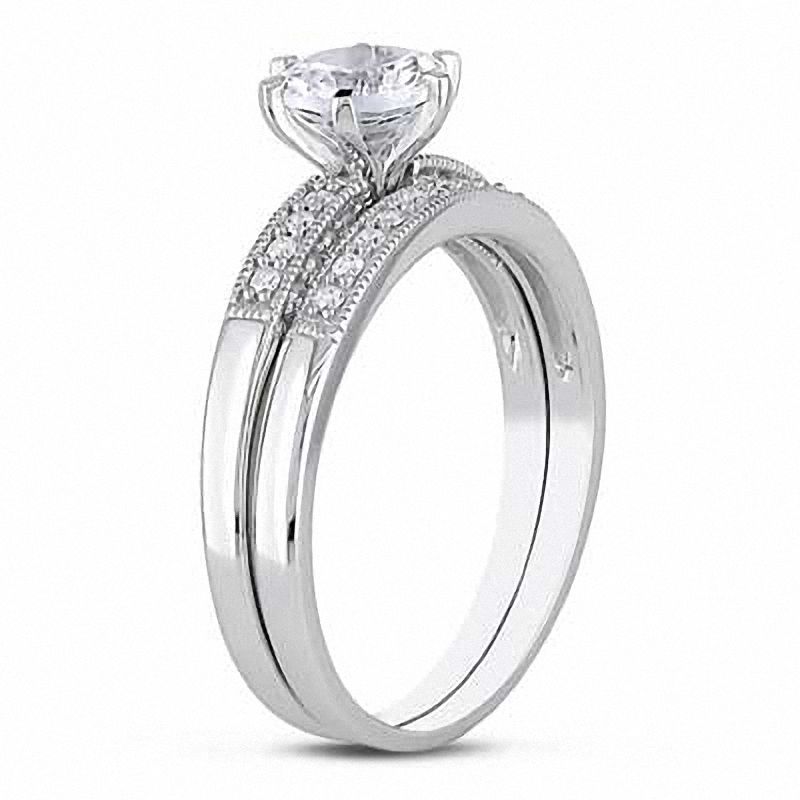 6.5mm Lab-Created White Sapphire and 0.34 CT. T.W. Diamond Bridal Set in 10K White Gold