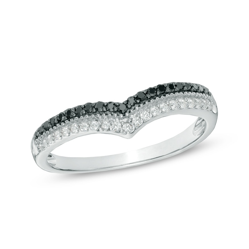 0.25 CT. T.W. Black and White Diamond Double Row Contour Band in 10K White Gold