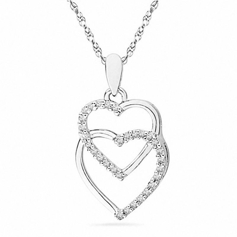 0.12 CT. T.W. Diamond Double Heart Drop Pendant in Sterling Silver